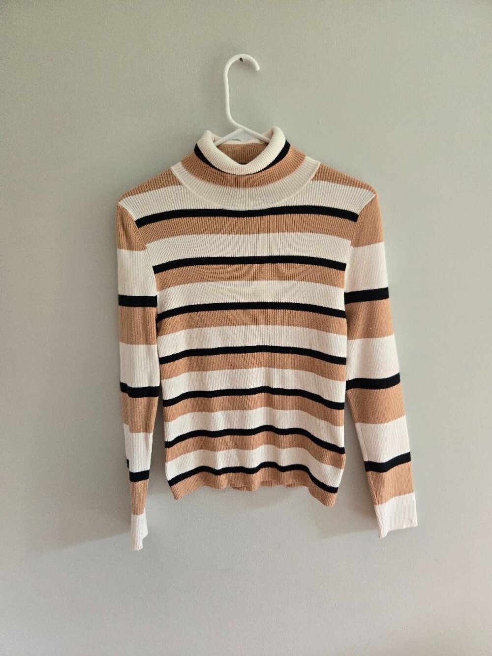 Anthropologie Maeve Tan, Cream and Black Striped Turtleneck, Size L